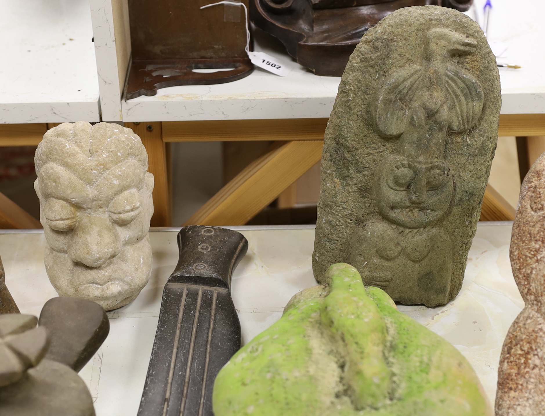 Eight Shona stone carvings, 1960s-1970s, including figures, heads and abstract sculpture forms, tallest 31cm